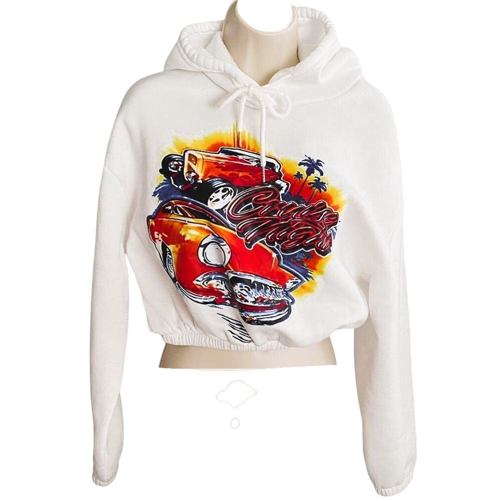 Cruise Night Large Graphic White Cropped Short Hoodie ~ Women's Size SMALL - Picture 1 of 4